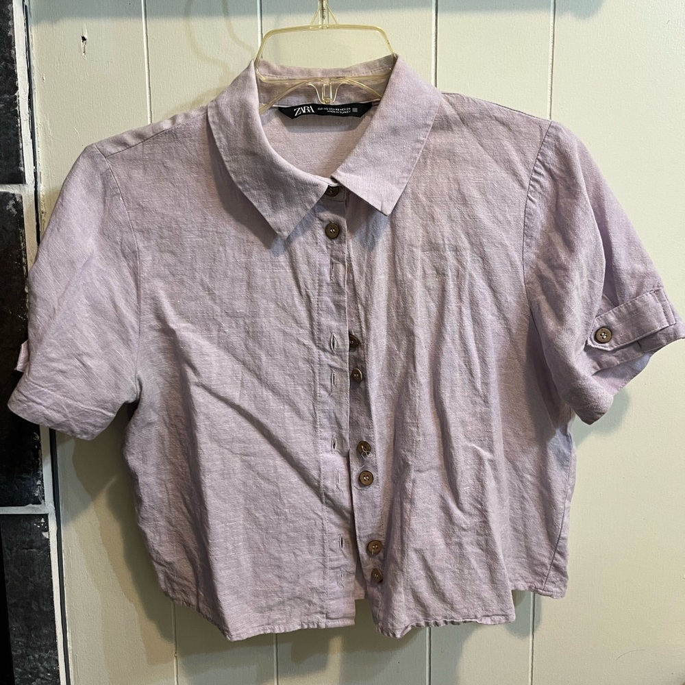 Lilac cotton linen Zara cropped button down shirt